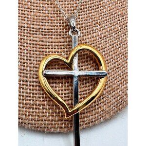 Abstract Heart Cross Two Tone Necklace Gold Plating 925 Italy Chain